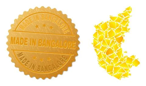 Karnataka State Map Collage of Golden Spots and Metallic Made in Bangalore Seal Stock Illustration