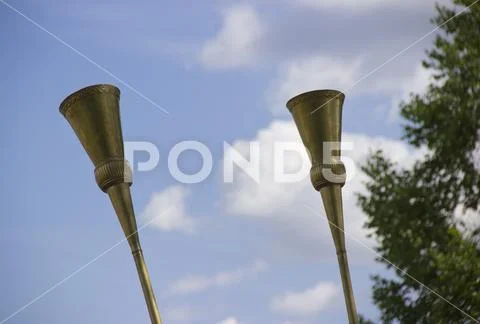 Karnay brass musical instrument in Central Asia Stock Photos
