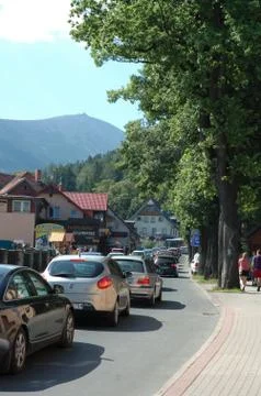 KARPACZ, POLAND - AUGUST 14: Traffic jam in Karpacz city in Karkonosze mounta Stock Photos