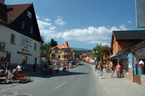 KARPACZ, POLAND - AUGUST 14: Unidentified people on main street in Karpacz ci Stock Photos