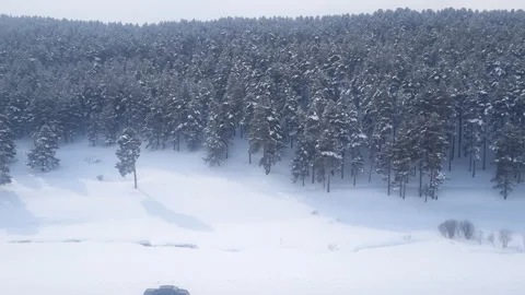 Kars Cildirgolu vertical view from window of a train, snowy plain Video stock 293081423