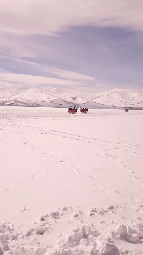 Kars Sarikamis vertical view from window of a train, snowy plain Stock Footage 293074859