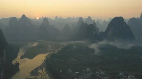 Karst landscape with misty morning lighting, viewpoint in China mountain park. Stock Footage 64830153