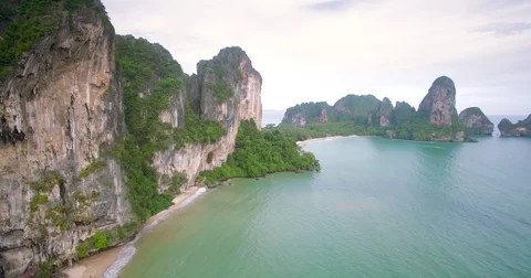 Karst Limestone Cliffs on Railay Peninsular, Krabi, Thailand, Aerial Drone Video stock 78662855