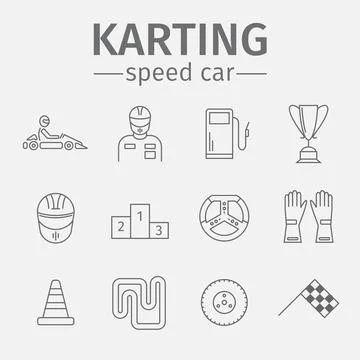 Karting flat icon set. Speed racing signs. Vector illustration. Stock Illustration
