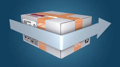 Karton Pakete oder Versandkarton mit umlaufenden Pfeil - 3d Illustration C... Stockfoto's