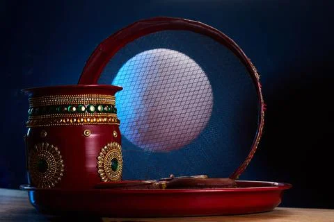 Karwa chauth puja thali with channi and moon Photos