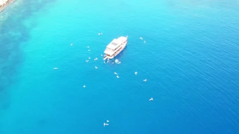 Kas aerial static view of people swimming around boat Stock Footage 344555501