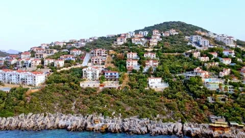 Kas Turkey aerial drone view of hillside villas and sea Stock Footage 344401473
