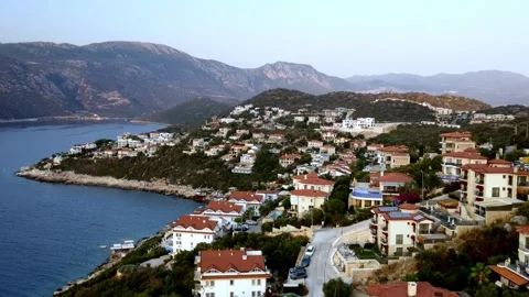 Kas Turkey aerial drone view flying towards mainland Stock Footage 344406252