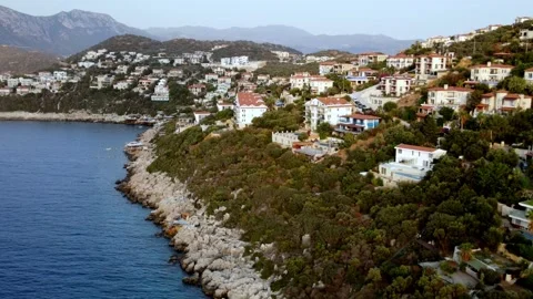 Kas Turkey aerial drone view flying towards villas Stock Footage 344406623