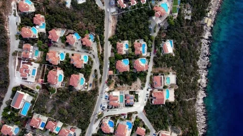 Kas Turkey aerial higher top down view of coast and villas Stock Footage 344412880