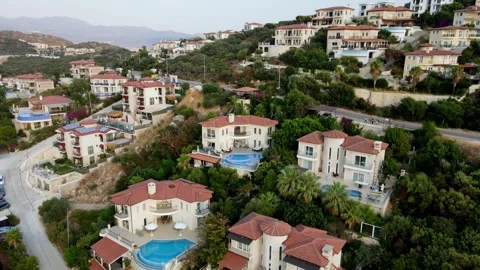 Kas Turkey aerial orbiting view of resort hillside villas Stock Footage 344406341