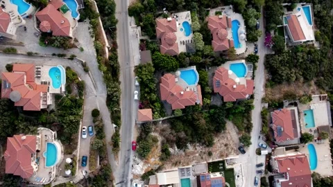 Kas Turkey aerial top down view of villas and pools Stock Footage 344406258