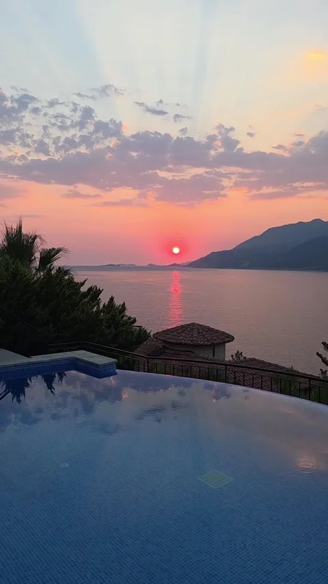 Kas, Turkey - August 2026 Sunset over sea and pool view Stock Footage 345145206