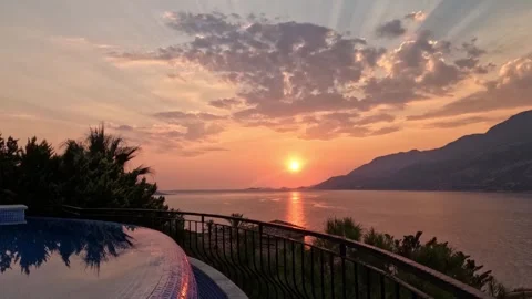 Kas, Turkey - August 22, 2026 Sunset over sea from villa Stock Footage 344643141