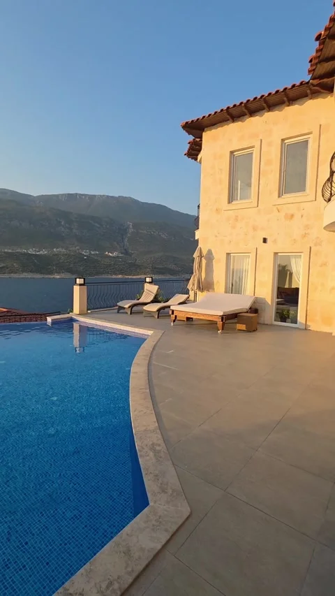 Kas, Turkey - August 22, 2026 Villa terrace and pool view Stock Footage 345145740