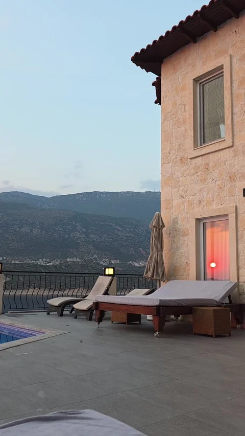 Kas, Turkey - August 23, 2026 Villa pool terrace and mountains Stock Footage 345145195