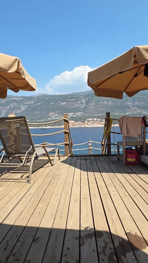 Kas, Turkey - August 23, 2026 Lighthouse Hotel beach deck view Stock Footage 345145635