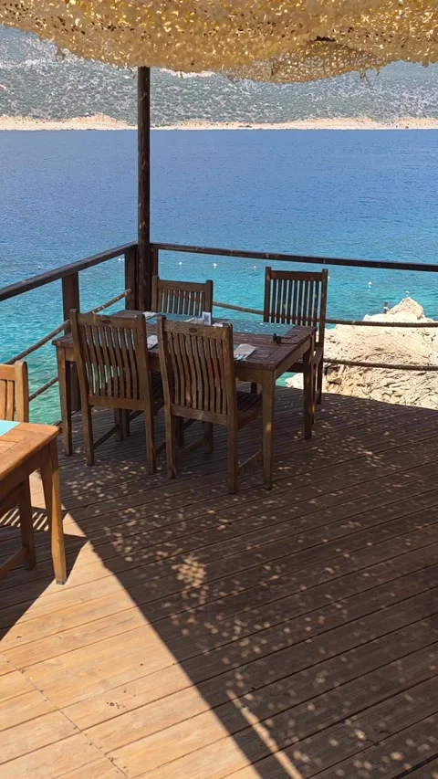 Kas, Turkey - August 23, 2026 Lighthouse Hotel seaside dining area Stock Footage 345145636