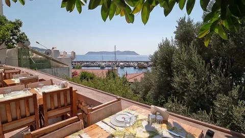 Kas, Turkey - August 26, 2026 Restaurant view of harbor Stock Footage 344686339