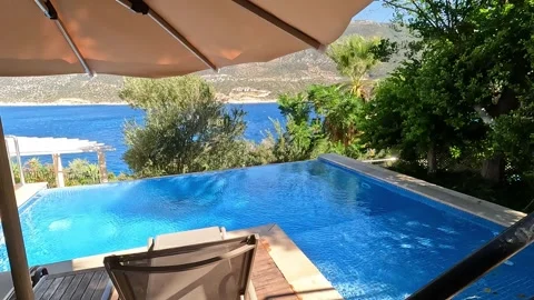 Kas, Turkey - August 29, 2026 Resort pool and sun loungers Stock Footage 344879135