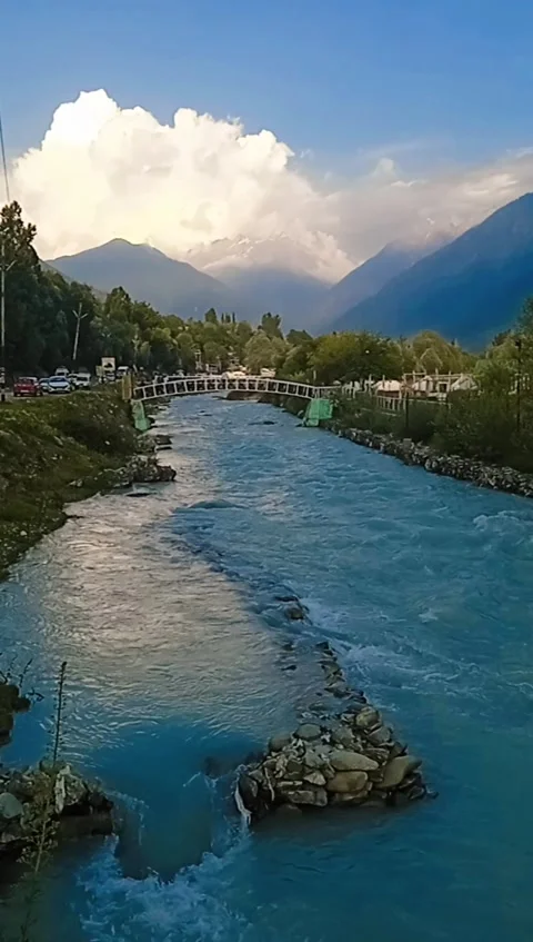Kashmir Mountain River with Bridge | 4K Scenic Nature Stock Footage Stock Footage 337686994