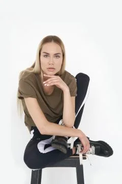 Kate model tests in perfect white studio in black casual style but still amazing Foto stock
