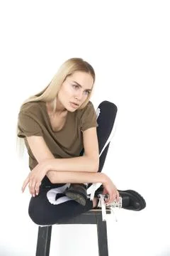 Kate model tests in perfect white studio in black casual style but still amazing Stock Photos