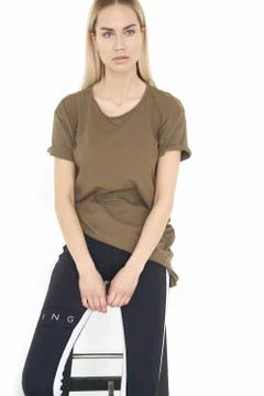 Kate model tests in perfect white studio in black casual style but still amazing Stock Photos