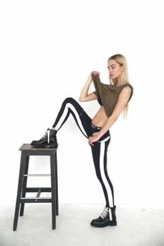 Kate model tests in perfect white studio in black casual style but still amazing Stock Photos
