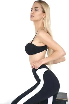 Kate model tests in perfect white studio in black casual style but still amazing Stock Photos