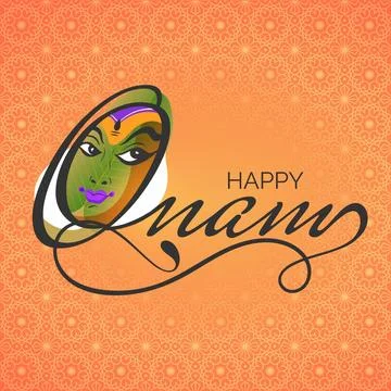 Kathakali dancer face with stylish text Happy Onam on orange seamless patte.. Stock Illustration