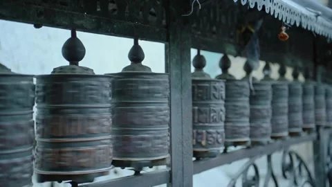 Kathmandu Nepal Buddhist Prayer Wheels at Monkey Temple, Close Up of Tibetan Stock Footage 345939764