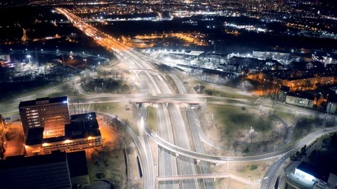 Katowice highway at night from a drone. Timelapse Stock Footage
