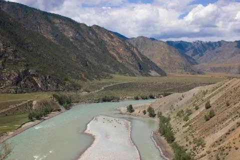 The Katun River, which flows among the mountains of Altai. Stock Photos