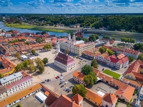 Kaunas old town. Panoramic drone aerial view of Kaunas city center 스톡 사진
