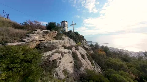 Kavala View from Mountain, Cross Symbol in Coastal City Greece, Aerial Fast Fpv Stock-Footage 327305666
