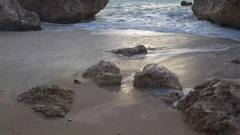 Kavalikefta Beach at sunset with waves on the beach. Lefkada. Greece. Video stock 255381934