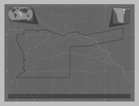 Kavango East, Namibia. Grayscale elevation map with lakes and rivers Stock Illustration