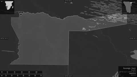 Kavango East, Namibia. Grayscaled map with lakes and rivers Stock Illustration