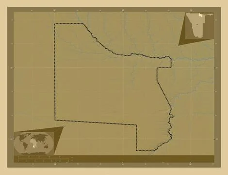 Kavango West, Namibia. Colored elevation map with lakes and rivers Stock Illustration