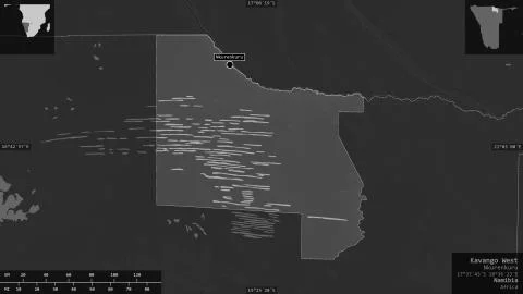 Kavango West, Namibia. Grayscaled map with lakes and rivers Illustrazione stock
