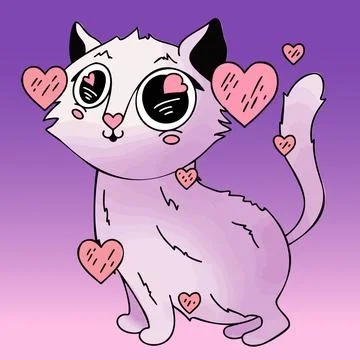 Kawai kid vector cat illustration with hearts and big eyes. Pink cartoon kitten Stock Illustration