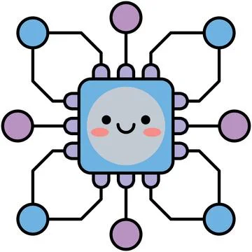 Kawaii blue CPU processor character with happy smile and circuit nodes Stock-Illustration