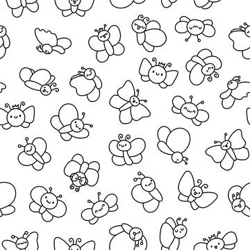 Kawaii butterfly. Seamless pattern. Coloring Page. Illustrazione stock