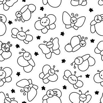 Kawaii butterfly. Seamless pattern. Coloring Page. Illustrazione stock