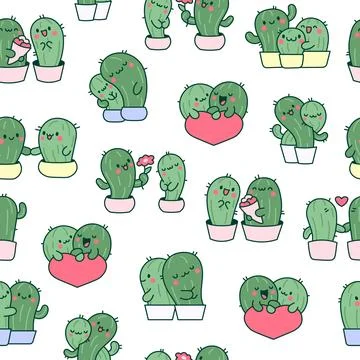 Kawaii cactus hug. Seamless pattern. Stock Illustration
