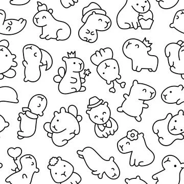 Kawaii capybara. Seamless pattern. Coloring Page. Stock Illustration