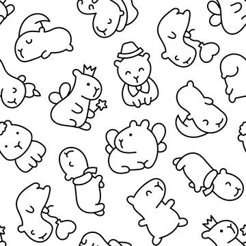 Kawaii capybara. Seamless pattern. Coloring Page. Stock Illustration
